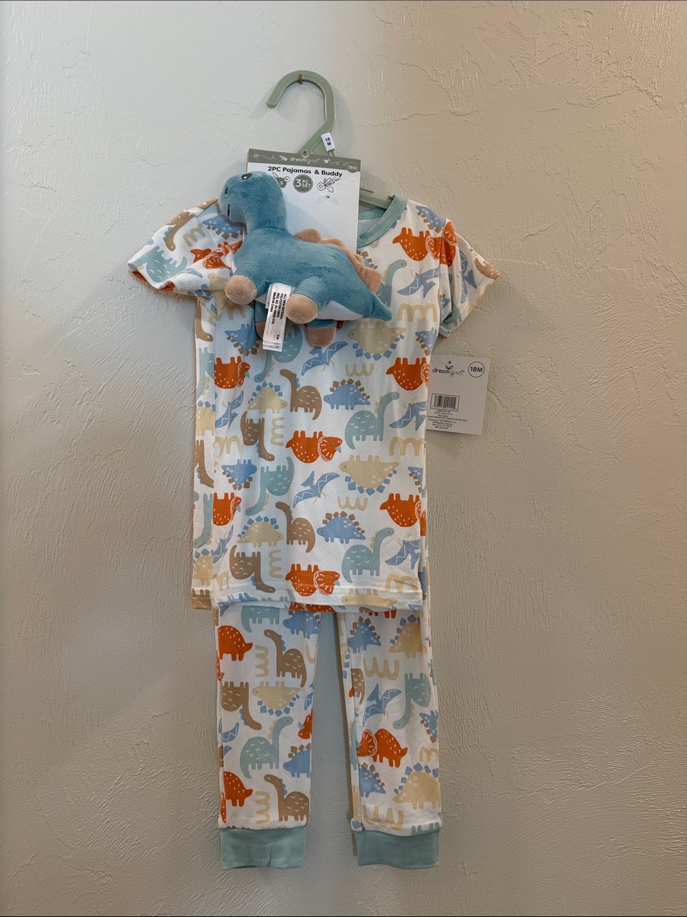 Dreamgro - Dinosaur Print Kids Pajama Set with Plush Buddy - Blue/Orange - 18m